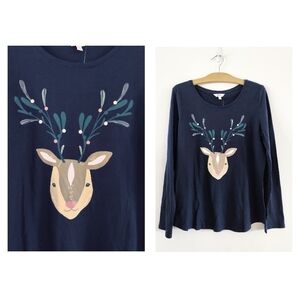 🌱NWT Reitmans Christmas Sleepwear Long Sleeve Lounge TShirt Navy Blue  Reindeer